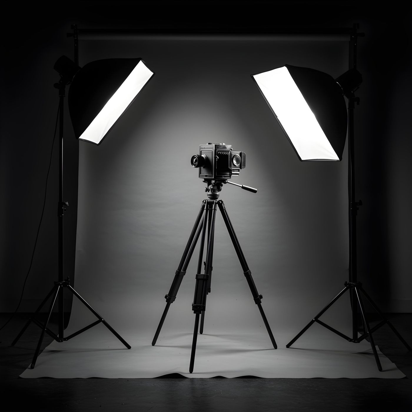 A camera on a tripod between two softboxes in a dark studio